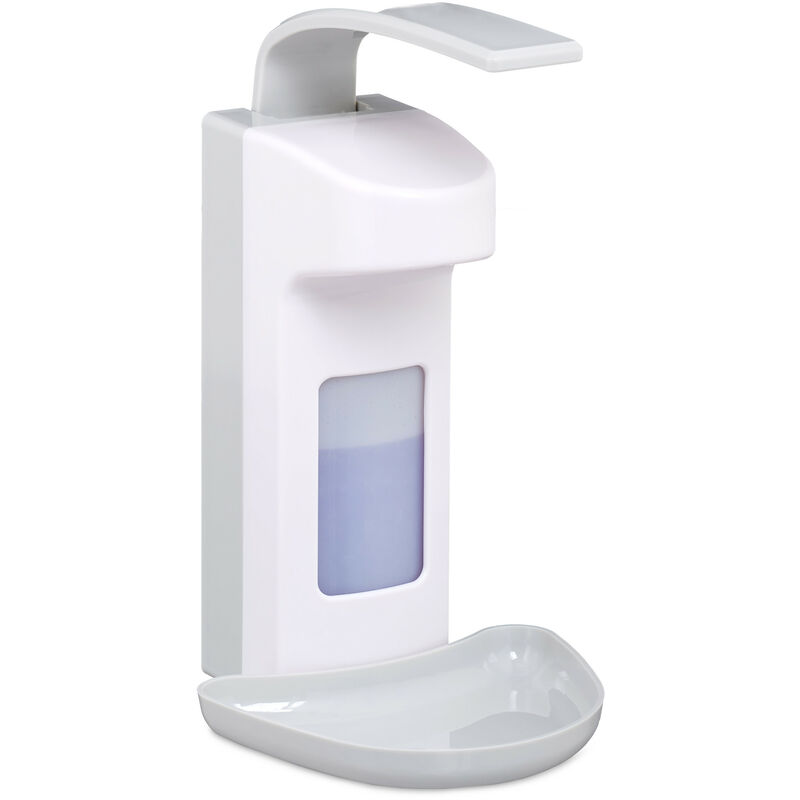 foto del prodotto relaxdays dispenser di sapone, con salvagocce, portasapone igienico da parete, disinfettante, a leva, per 500 ml, bianco