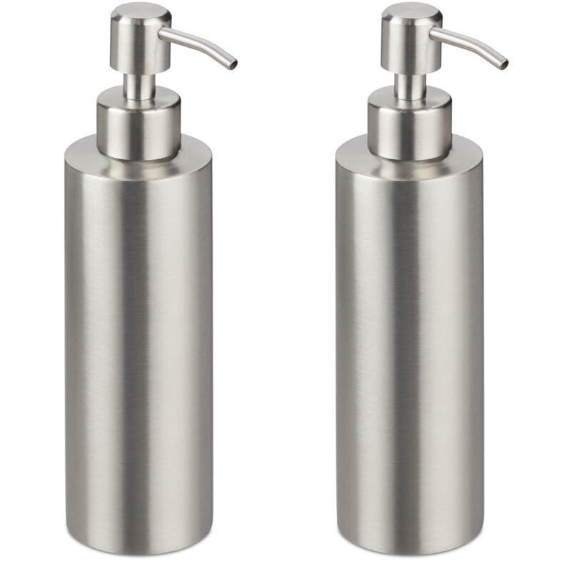 foto del prodotto relaxdays dispenser di sapone, set da 2, 300 ml cad., dosatore ricaricabile manuale per bagno e cucina, argentato