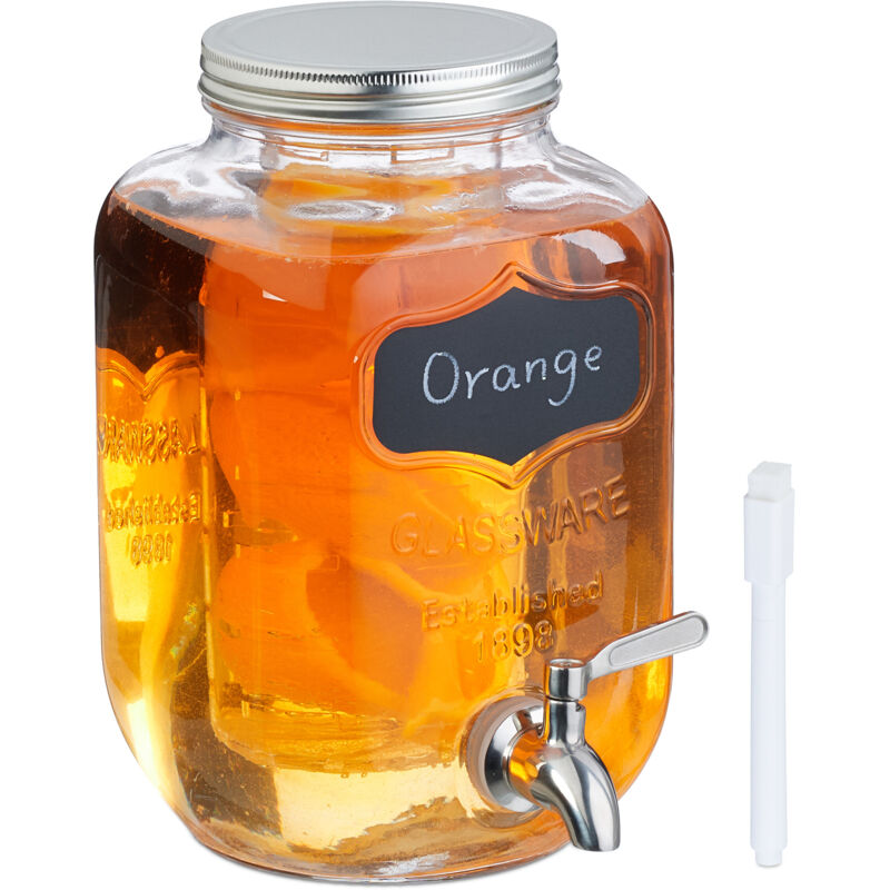foto del prodotto relaxdays dispenser in vetro per bevande da 4 l, erogatore con rubinetto e coperchio, distributore acqua, inserto frutta