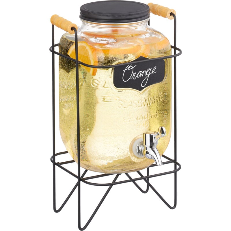 foto del prodotto relaxdays dispenser in vetro per bevande, erogatore 4 l rubinetto, coperchio e supporto, distribuitore acqua e limonata
