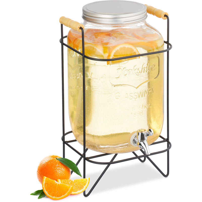 foto del prodotto relaxdays dispenser in vetro per bevande, erogatore 8 l rubinetto, coperchio e supporto, distribuitore acqua e limonata
