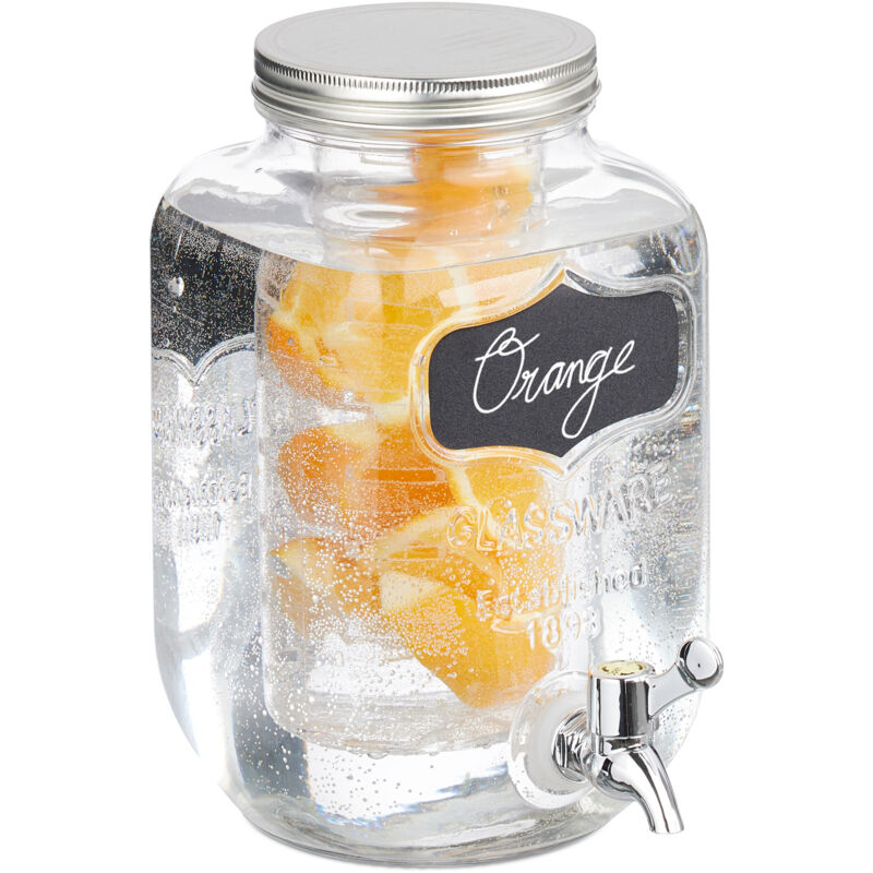foto del prodotto relaxdays dispenser in vetro per bevande, erogatore con rubinetto e coperchio da 4 l, distributore acqua, inserto frutta