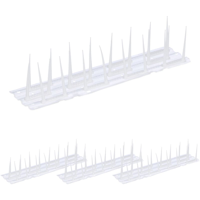 foto del prodotto relaxdays dissuasori per piccioni balcone, 9x40x9,5 cm, 4 deterrenti scaccia uccelli, 3 file spuntoni, plastica, bianco