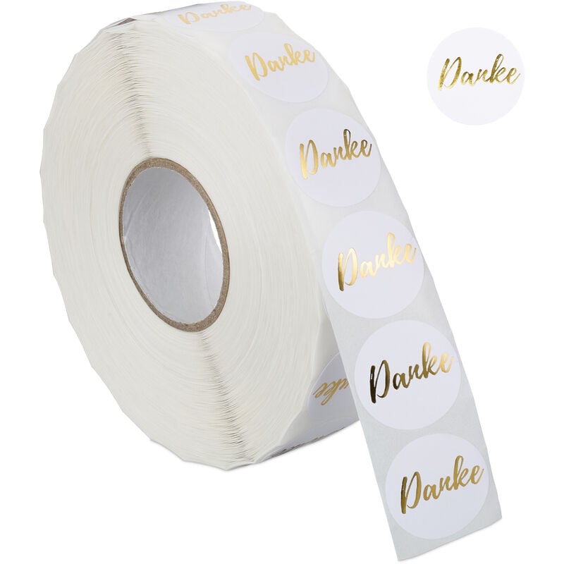 foto del prodotto relaxdays etichette adesive con scritta danke, rollo da 2500 targhette autoadesive rotonde, 25 mm, bianco dorato