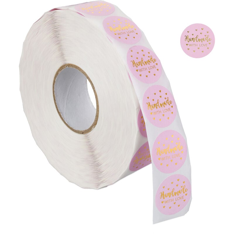 foto del prodotto relaxdays etichette adesive con scritta handmade with love, rollo 2500 targhette autoadesive rotonde, 25 mm, rosa oro