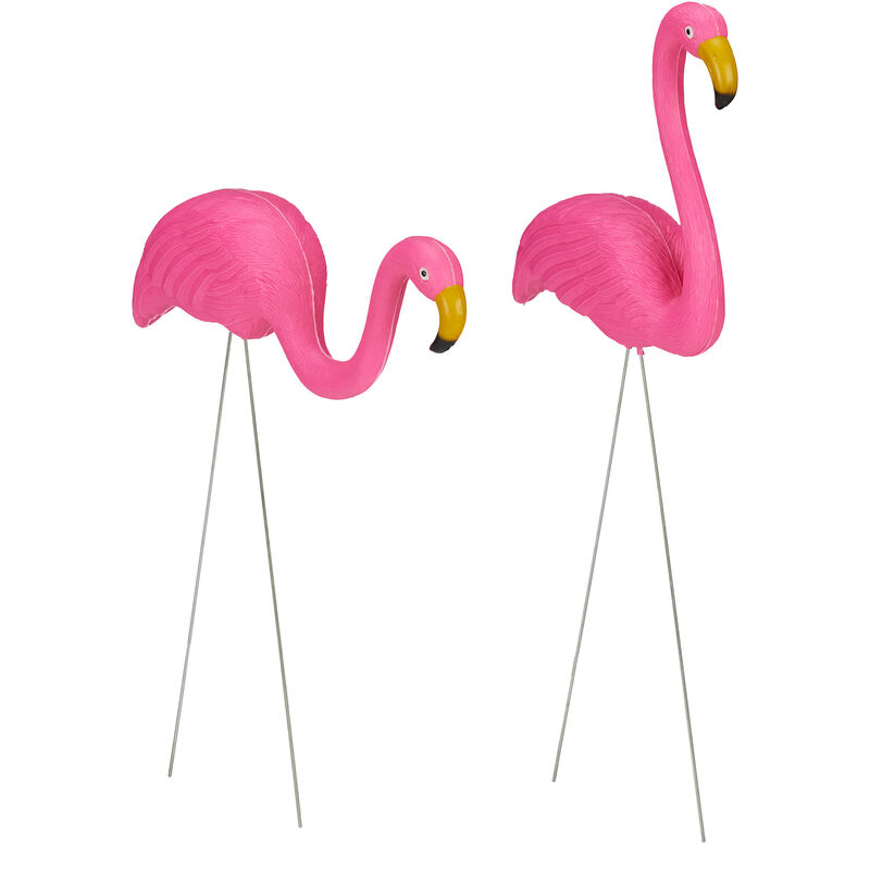 foto del prodotto relaxdays fenicottero decorativo, set da 2, arredo da giardino, fascino tropicale, in plastica e metallo, 2 misure, pink