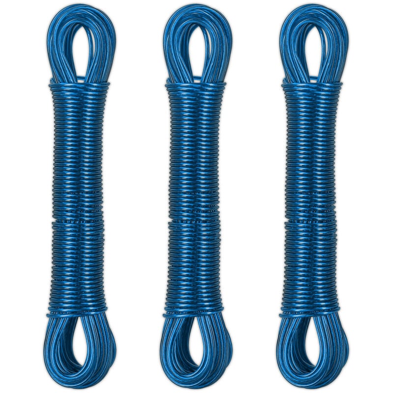 foto del prodotto relaxdays filo stendibiancheria per esterno e interno, set 3, 20 m, cavo stendi panni biancheria, acciaio e pvc, blu
