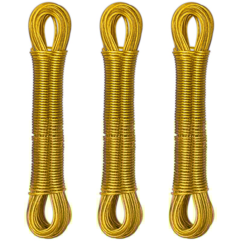 foto del prodotto relaxdays filo stendibiancheria per esterno e interno, set 3, 20 m, cavo stendi panni biancheria, acciaio e pvc, giallo