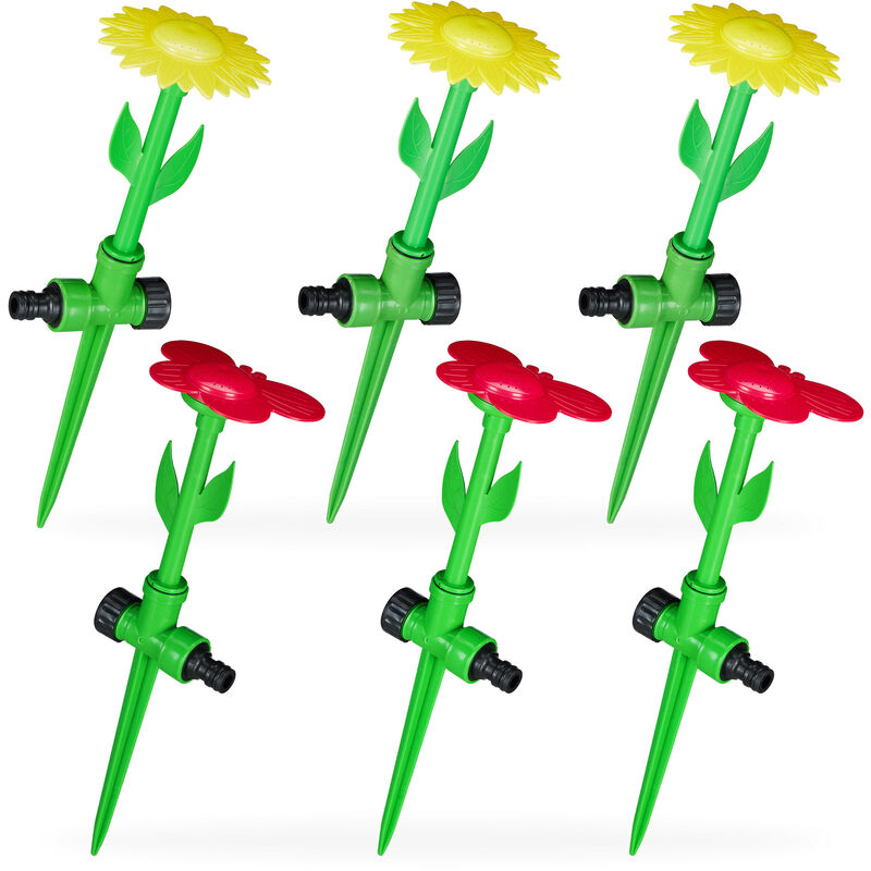 foto del prodotto relaxdays fiore irrigatore da giardino, set da 6, innaffiatore rotante per prato con puntale hxd 34x10 cm, rosso giallo