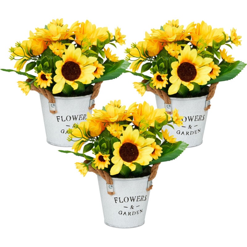 foto del prodotto relaxdays fiori finti, 3 mazzi in vaso di girasoli artificiali, pianta decorativa in plastica, composizione centrotavola
