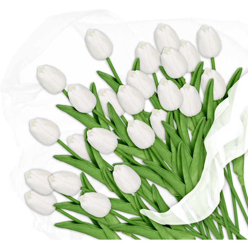 foto del prodotto relaxdays fiori finti, mazzo di 24 tulipani artificiali, pianta decorativa in plastica, l 33,5 cm, centrotavola, bianco