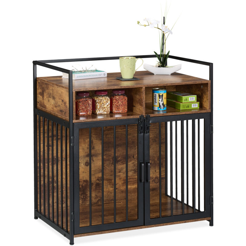 foto del prodotto relaxdays gabbia per cani, mobile con kennel integrato, hlp 85x80x54 cm, ripiano e 2 ante, legno e ferro, marrone nero