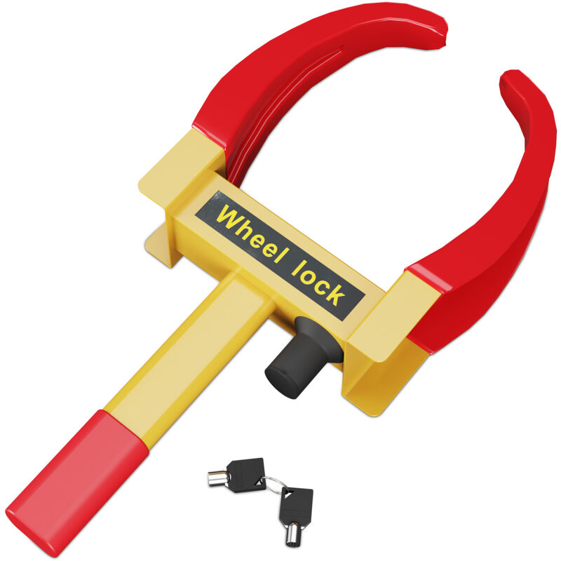 foto del prodotto relaxdays ganascia bloccaruota per auto, ceppo blocca ruota per automobile, camper e roulotte, acciaio, giallo rosso
