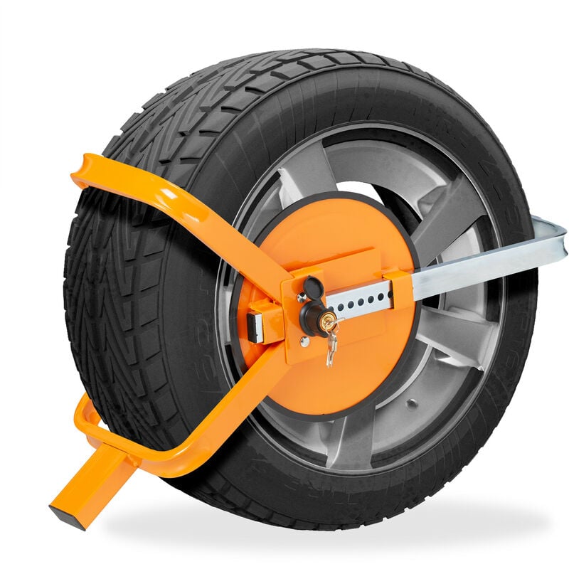 foto del prodotto relaxdays ganascia per ruote da 13 15 pollici, ceppo per pneumatico automobile, camper, caravan, bloccaruota, arancione