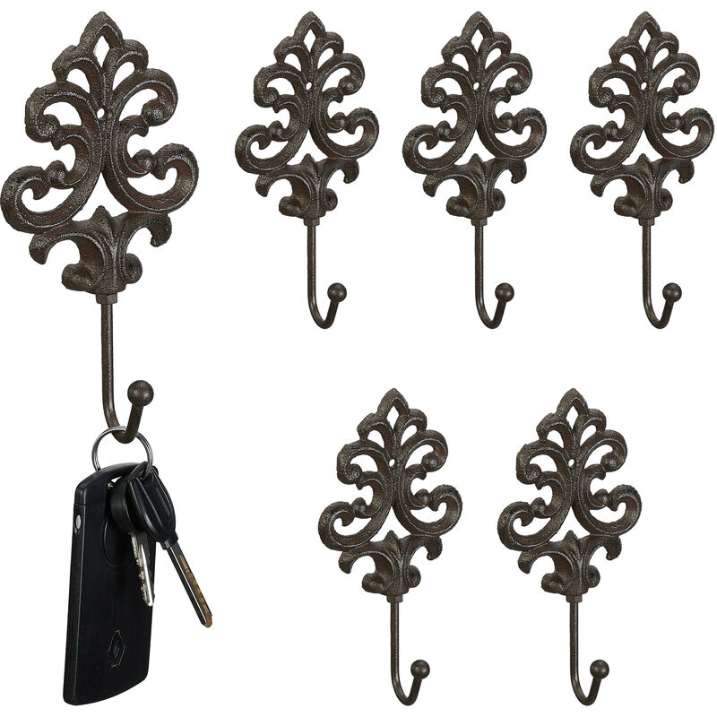 foto del prodotto relaxdays ganci appendiabiti da parete, set da 6, vintage, hlp 17 x 8,5 x 4,5 cm, attaccapanni ghisa, ingresso, marrone