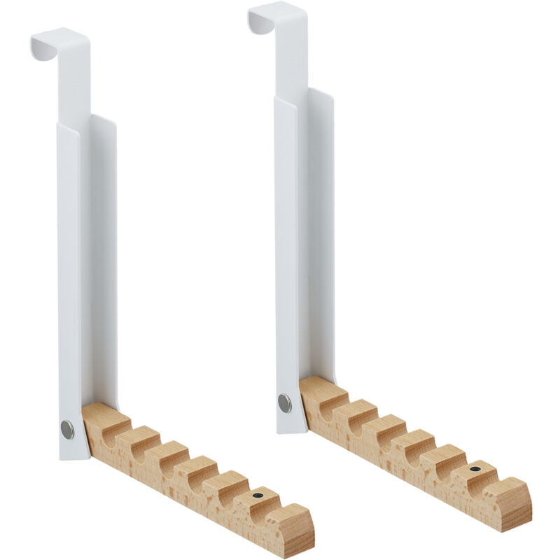 foto del prodotto relaxdays ganci da porta appendiabiti, set da 2 appendini pieghevoli per 6 grucce appendi abiti, ferro e legno, bianco