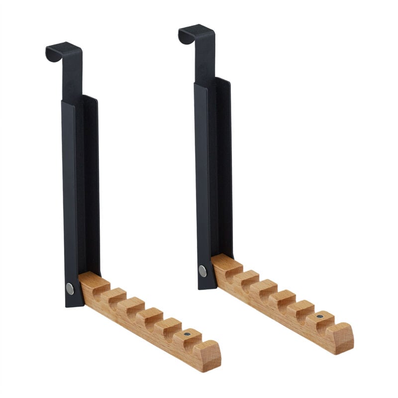 foto del prodotto relaxdays ganci da porta appendiabiti, set da 2 appendini pieghevoli per 6 grucce appendi abiti, in ferro e legno, nero