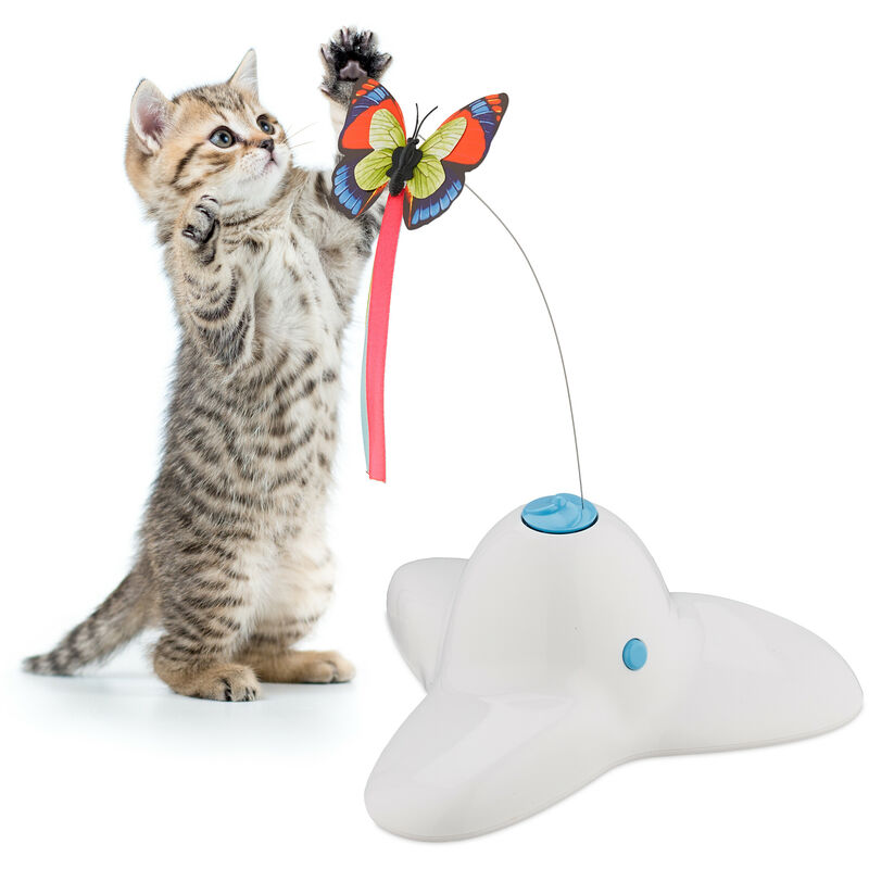foto del prodotto relaxdays gioco gatto interattivo, asta rotante con farfalla, giocattolo gattini, cat toy hlp 33,5x20,5x18 cm, bianco