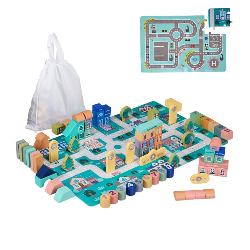 foto del prodotto relaxdays gioco in legno per bambini da 3 anni, 113 blocchi da costruzione, puzzle citt , lettere, numeri, colorati