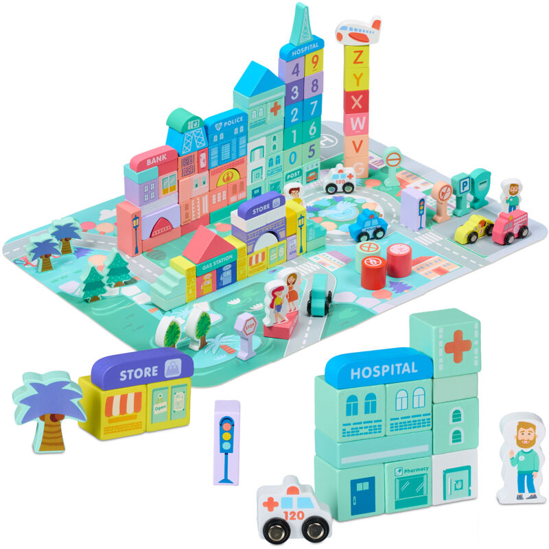 foto del prodotto relaxdays gioco in legno per bambini da 3 anni, set 108 blocchi da costruzione, puzzle citt , lettere, numeri, colorati