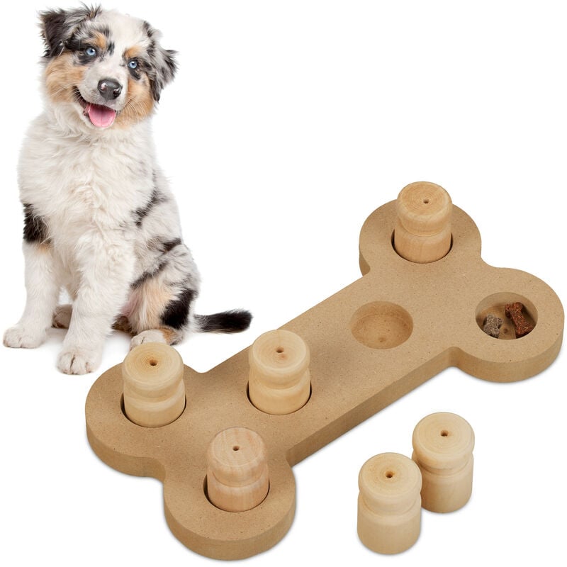 foto del prodotto relaxdays gioco interattivo per cani e gatti, a forma di osso, giocattolo attivazione mentale, dog puzzle, marrone