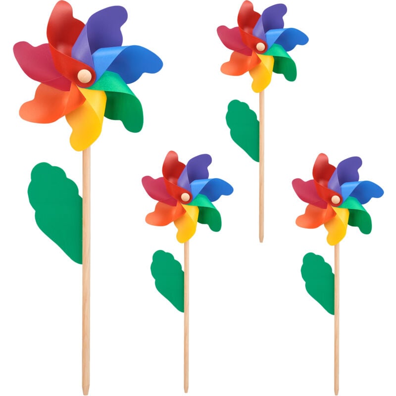 foto del prodotto relaxdays girandole a vento, set da 4, decorazione giardino, gioco per bambini, mulino per balcone, legno, multicolore