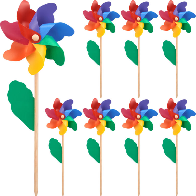 foto del prodotto relaxdays girandole a vento, set da 8, decorazione giardino, gioco per bambini, mulino per balcone, legno, multicolore