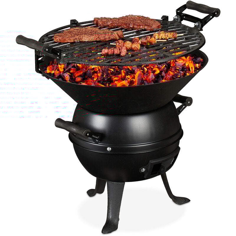 foto del prodotto relaxdays grill, in ghisa e acciaio, regolabile in altezza, portatile, barbecue, graticola di cottura, 35 cm, nero