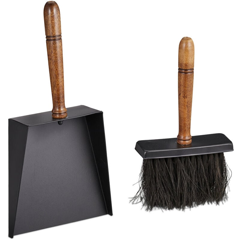 foto del prodotto relaxdays kit scopa e paletta per camino, set accessori pulizia legna e stufa, in ferro e manico in legno, nero marrone