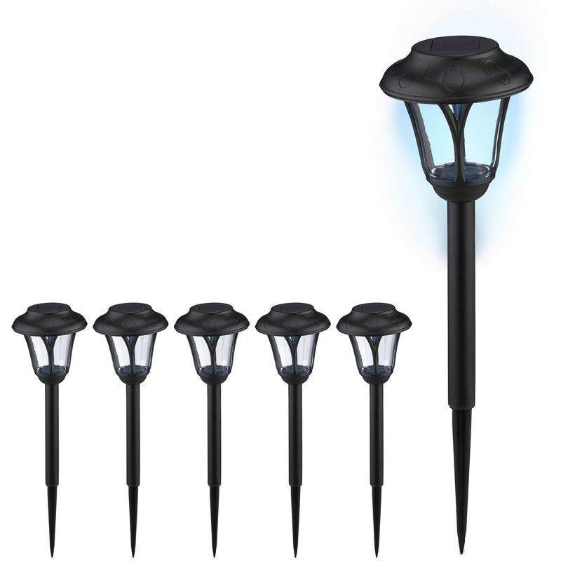 foto del prodotto relaxdays lampade solari da giardino, set da 6, led luce con paletto per fissaggio, per esterni, hxd 39 x 11 cm, nero