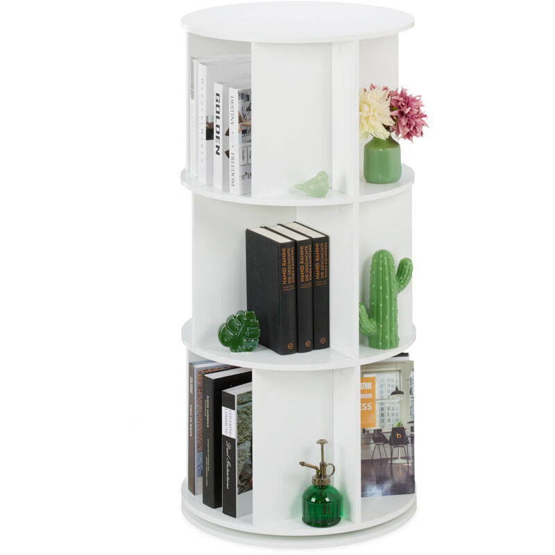 foto del prodotto relaxdays libreria girevole, 15 scomparti in mdf, 104x50 cm, 3 ripiani porta libri e cd, torre colonna rotante, bianco