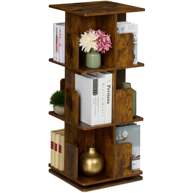 foto del prodotto relaxdays libreria girevole, 3 ripiani 95x39x39 cm, scaffale industriale porta libri, cd e dvd, torre rotante, marrone