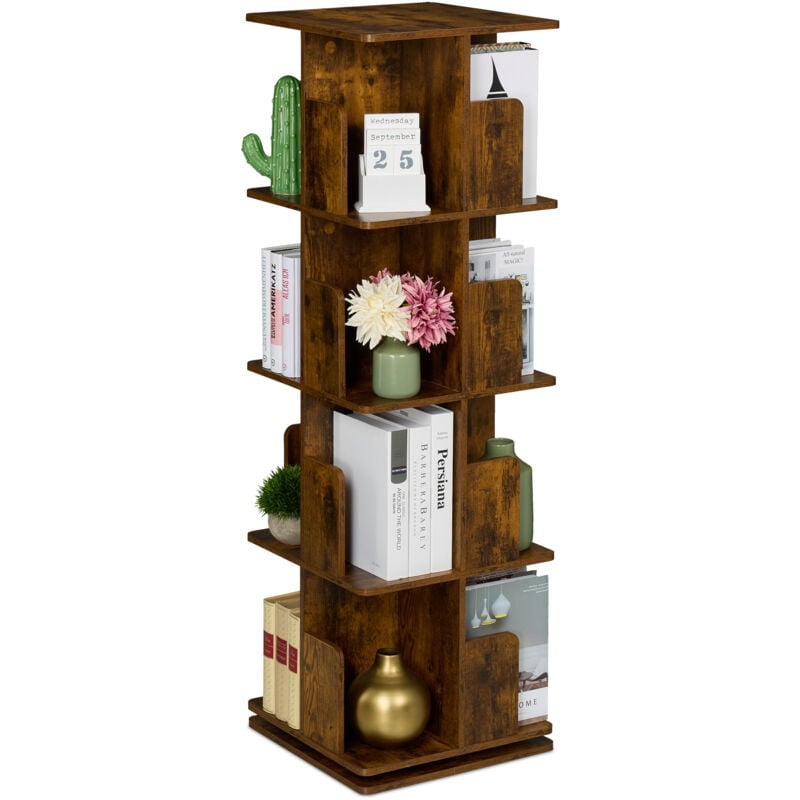 foto del prodotto relaxdays libreria girevole, 4 ripiani 125,5x39x39 cm, scaffale industriale porta libri, cd, dvd, torre rotante, marrone