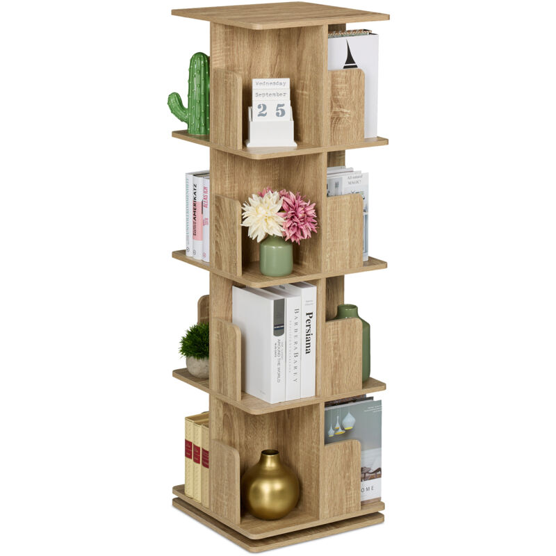 foto del prodotto relaxdays libreria girevole, 4 ripiani effetto legno, scaffale porta libri e cd, 125,5x39x39 cm, torre rotante, naturale