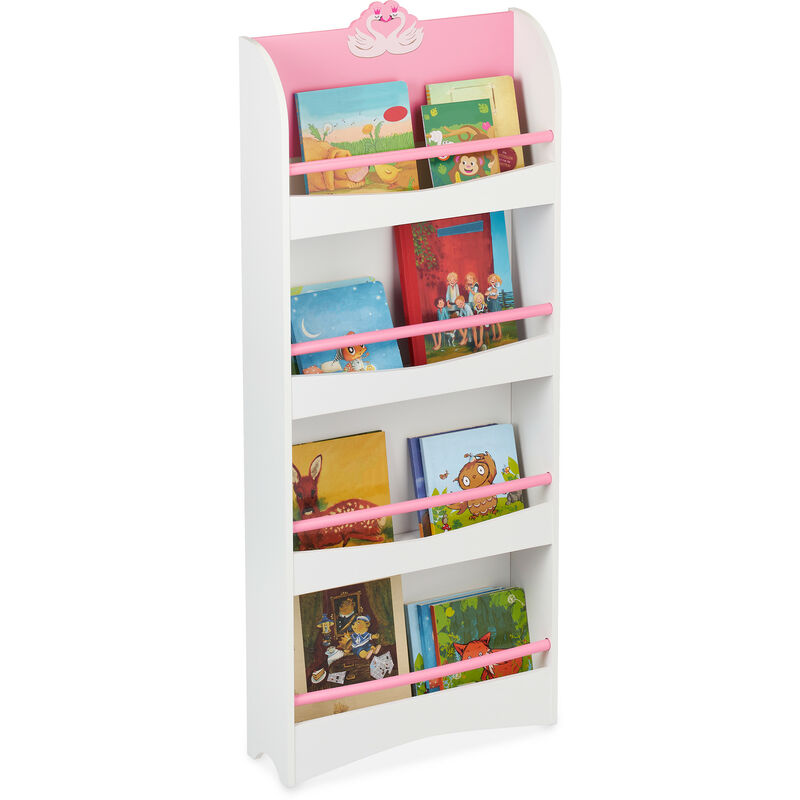 foto del prodotto relaxdays libreria per bambini, 124 x 50,5 x 15 cm, scaffale a 4 scomparti porta libri cameretta bimbi, mdf, bianco rosa