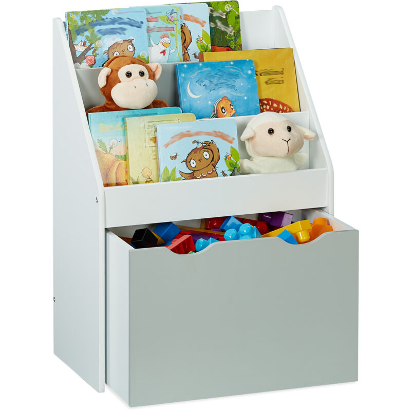 foto del prodotto relaxdays libreria per bambini con 3 ripiani e cesta portagiochi, hlp 70x50,5x28 cm, da cameretta, in mdf, bianco grigio
