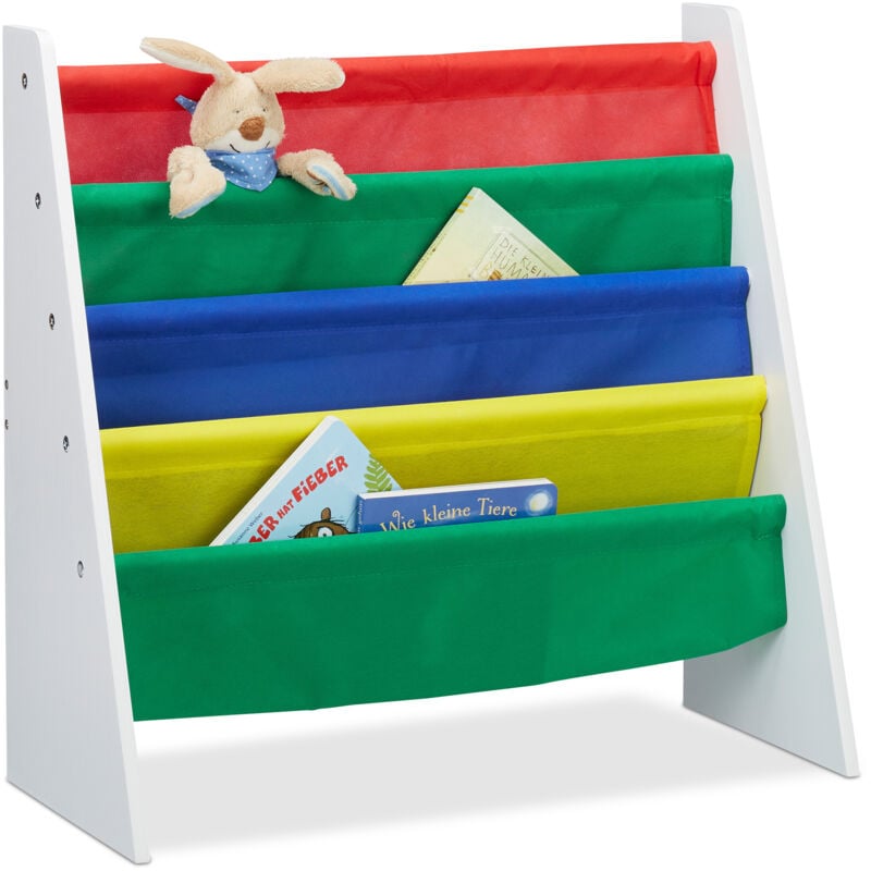 foto del prodotto relaxdays libreria per bambini, scaffale espositore, mobiletto libri e giocattoli, in mdf poliestere, 4 scompartimenti in tessuto, colorato