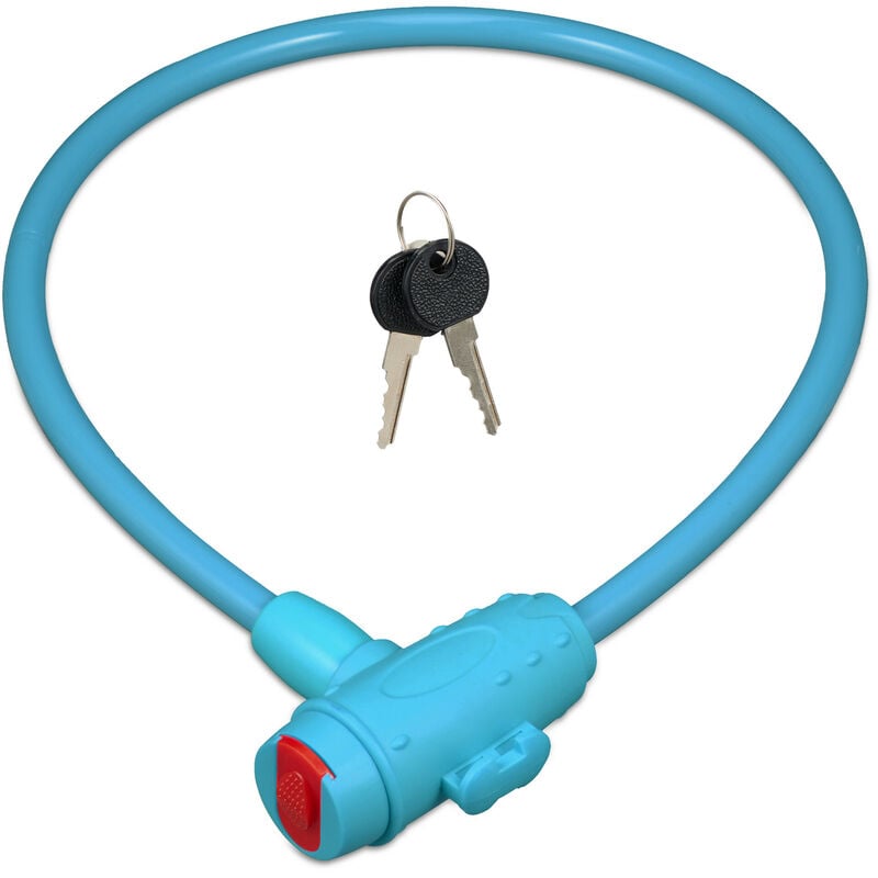 foto del prodotto relaxdays lucchetto per bici da bambino, catenaccio per e bike con 2 chiavi, cavo antifurto, lunghezza 70 cm, blu