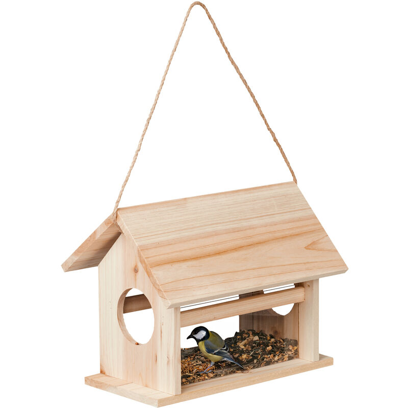 foto del prodotto relaxdays mangiatoia per uccelli, casetta da appendere in legno dispenser mangime da esterno, 24 x 30 x 21 cm, naturale
