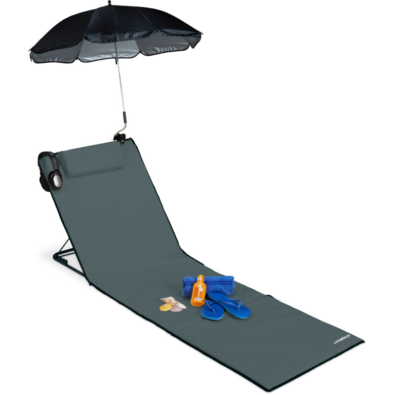 foto del prodotto relaxdays materassino da spiaggia, lettino imbottito xxl, ombrellino, regolabile, cuscino borsa, pieghevole, antracite