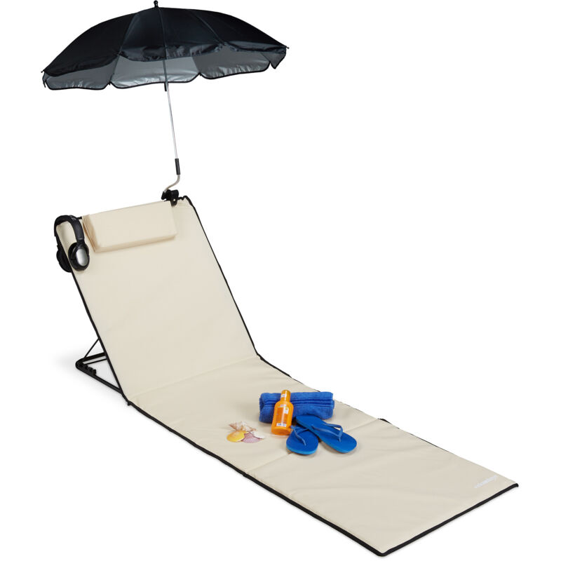 foto del prodotto relaxdays materassino da spiaggia, lettino imbottito xxl, ombrellino, regolabile, cuscino borsa, pieghevole, beige