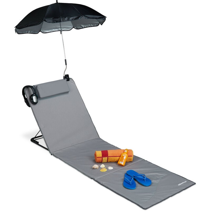 foto del prodotto relaxdays materassino da spiaggia, lettino imbottito xxl, ombrellino, regolabile, cuscino borsa, pieghevole, grigio