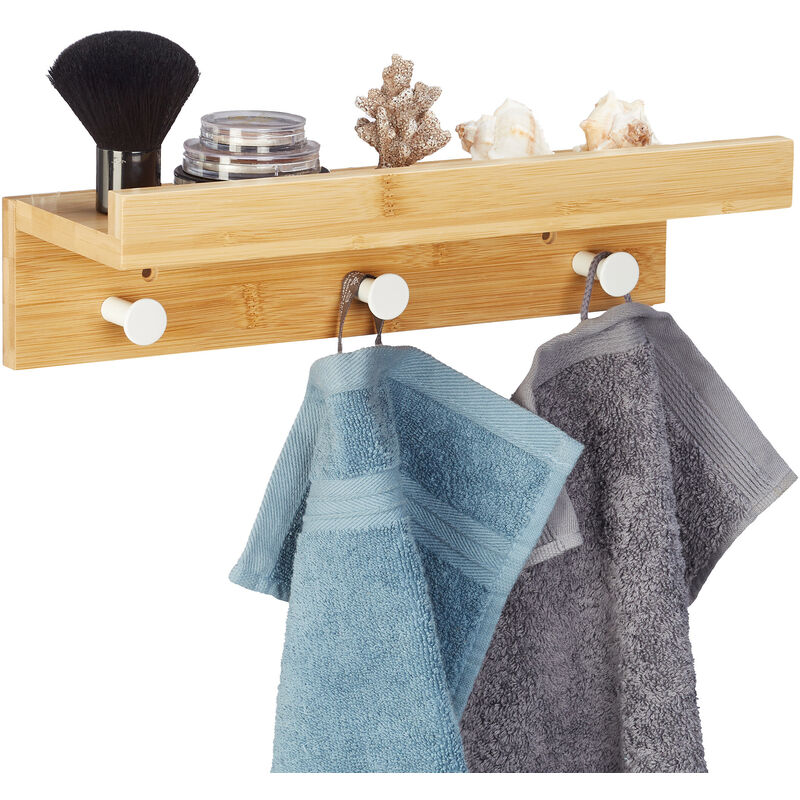 foto del prodotto relaxdays mensola appendiabiti, attaccapanni con ripiano, bagno e ingresso, 3 ganci, bamb , hlp 10 x 36 x 12 cm, marrone