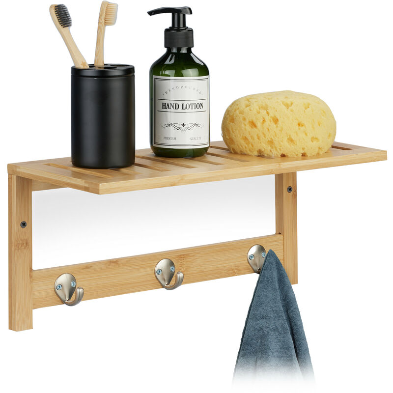 foto del prodotto relaxdays mensola appendiabiti, attaccapanni con ripiano, bagno e ingresso, 3 ganci, bamb , hlp 18x37,5x16 cm, naturale