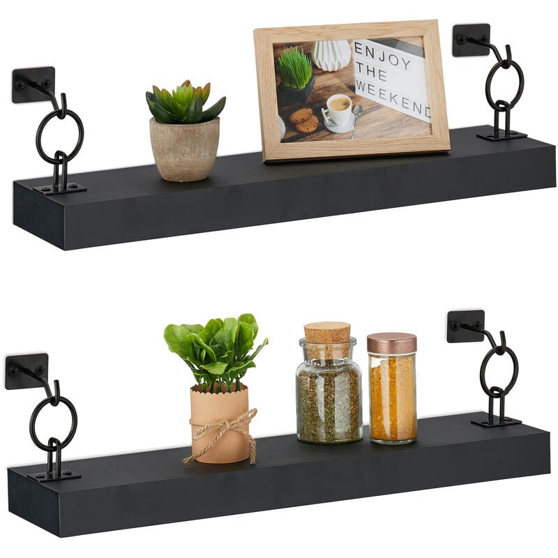 foto del prodotto relaxdays mensole da muro, set 2 ripiani sospesi, hlp 13 x 48 x 12 cm, scaffale appeso, libreria design moderno, nero