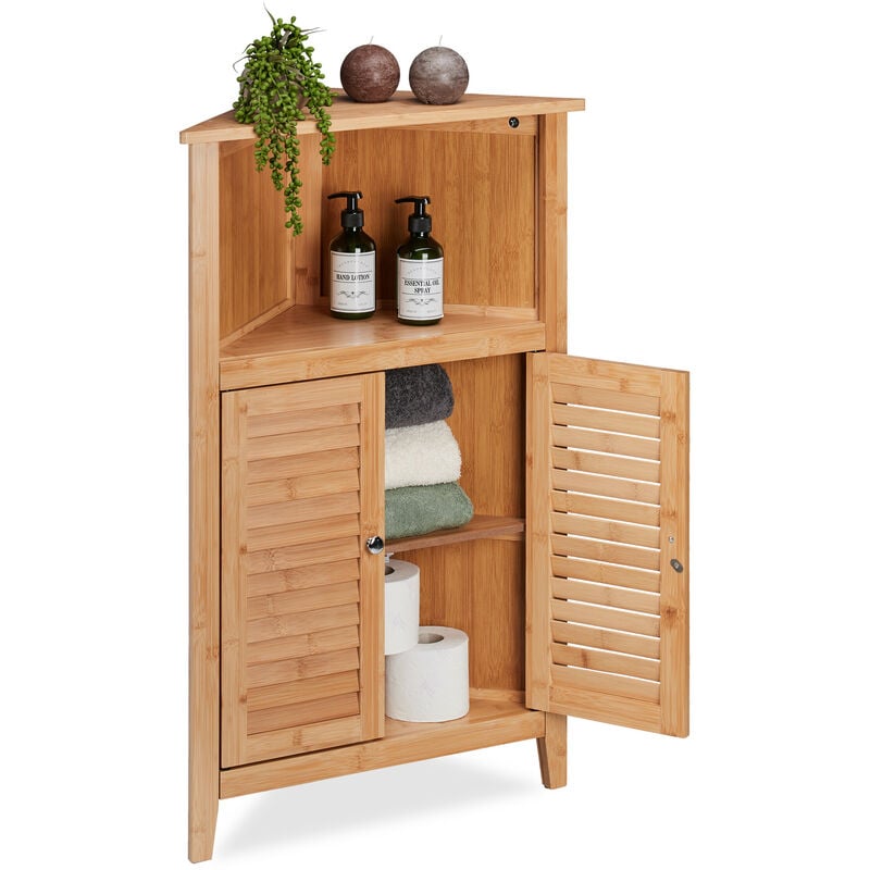 foto del prodotto relaxdays mobile angolare bagno, armadietto in bamb da terra, hlp 92x58x30 cm, mobiletto a 2 ante da cucina, marrone