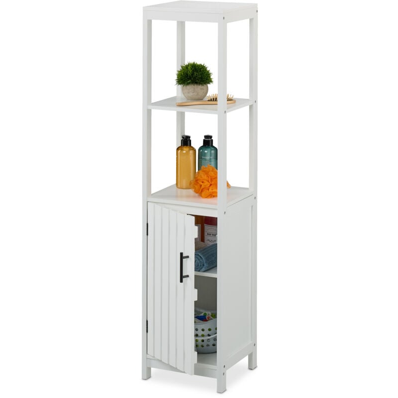foto del prodotto relaxdays mobile angolare bagno, armadietto stretto da terra, hlp 129x30x30 cm, mobiletto a 4 scomparti in mdf, bianco