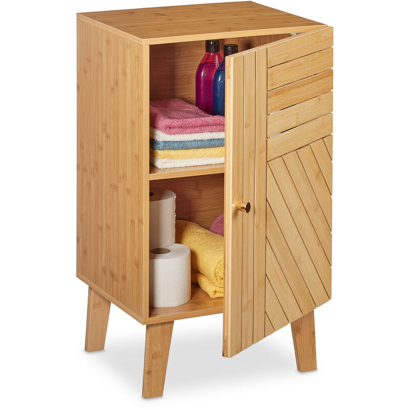 foto del prodotto relaxdays mobile bagno da terra in bamb , 70 x 40 x 37 cm, ripiani regolabili, anta montabile a piacimento, marrone
