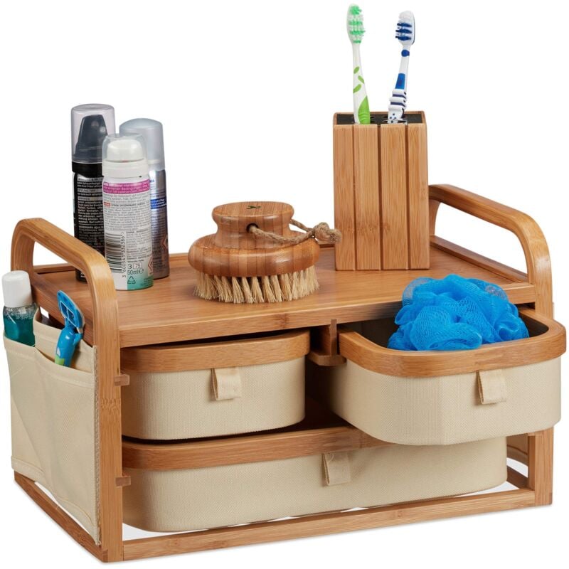 foto del prodotto relaxdays mobile bamb , 3 scomparti, mobiletto wc, tessuto, porta trucchi, rustico, hlp 19 x 34 x 23 cm, marrone, h x l x p 34 x 19 x 23 cm
