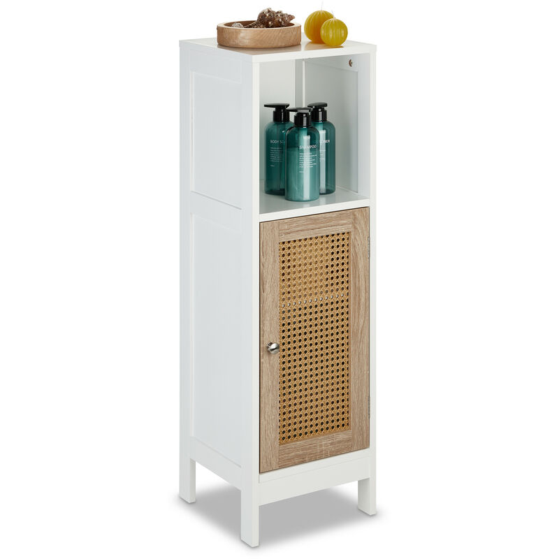 foto del prodotto relaxdays mobile da bagno, 2 ripiani aperti, 2 con anta in rattan, 96,5x30x30 cm, mobiletto salvaspazio, bianco naturale